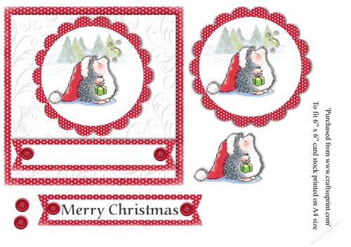 Hedgehog stamp with gift in snow scene topper for 6 x 6 card