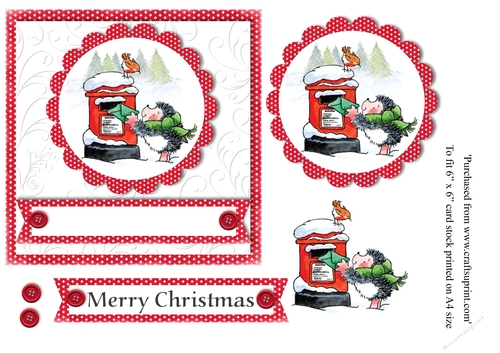 Hedgehog stamp with gift in snow scene topper for 6 x 6 card