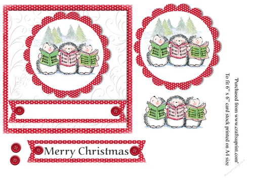 Hedgehog choir singers stamp with gift in snow scene topper for 6 x 6 card