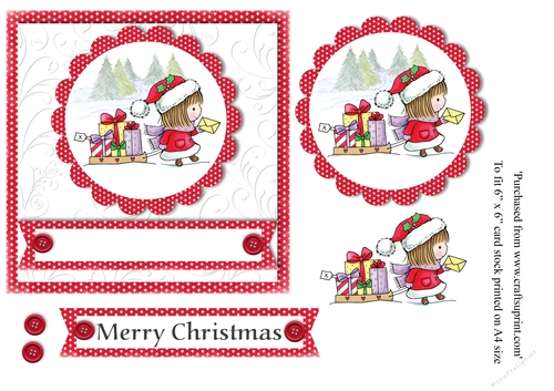 Girl with sleigh stamp with gifts in snow scene topper for 6 x 6 card