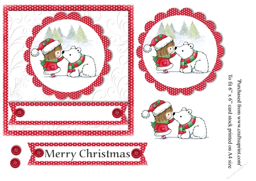 Girl with polar bear stamp with gifts in snow scene topper for 6 x 6 card