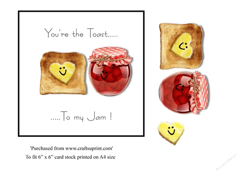 Funny food themed valentine card topper with toast and jam for 6 x 6 card