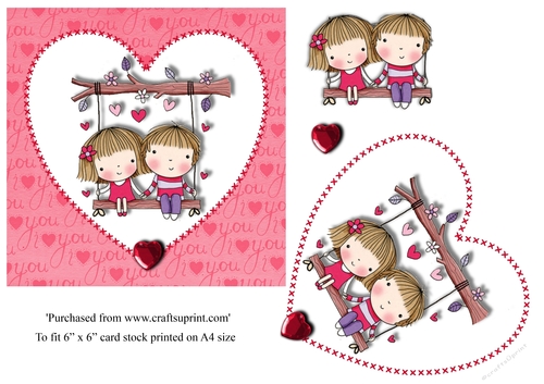 Cute valentine card with couple on swing for 6 x 6 card