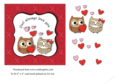 Cute valentine card with owls and hearts for 6 x 6 card