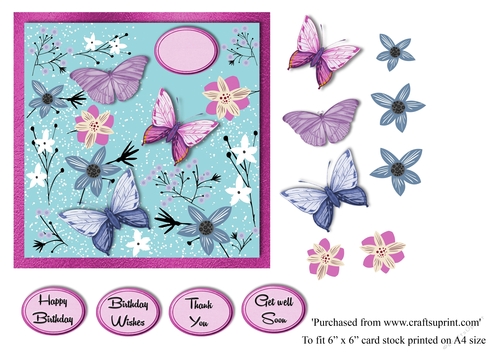 Butterfly card topper for 6x6 card with variety of greetings, happy birthday , thank you,get well soon, and birthday wishes