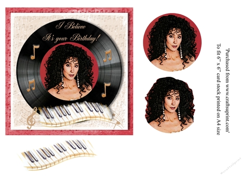 Cher themed birthday card topper for 6 x 6 card