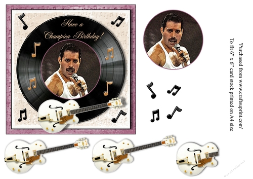 Freddie Mercury themed birthday card topper for 6 x 6 card with greeting Have a Champion Birthday