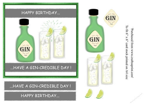 Gin themed birthday card topper for 6x 6 card with greeting Happy birthday... have a gin-credible day!