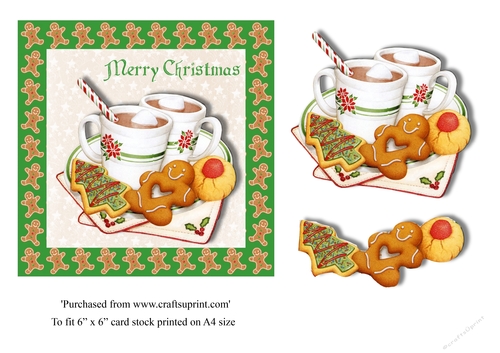 Christmas Hot Chocolate with seasonal cookies on gingerbread men background topper 6 x 6, 2 cards red and green with matching inserts