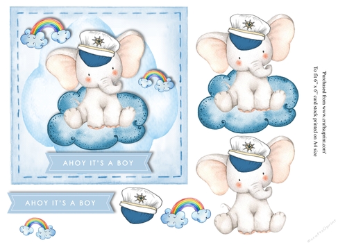 Ahoy New Baby boy card topper for 6 x 6 card with elephant on cloud