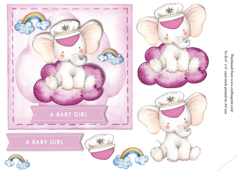 Ahoy New Baby Girl card topper for 6 x 6 card with elephant on cloud
