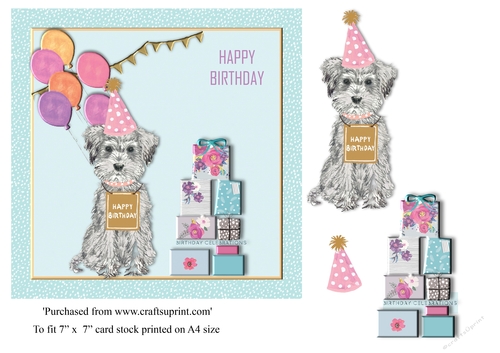 Party Dog and gifts birthday card topper for 7 x7 card