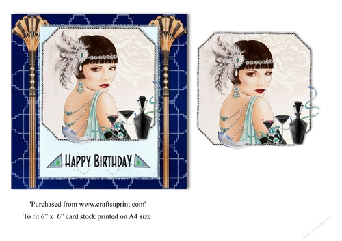 Art Deco female birthday card topper for 6x6 card