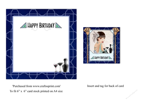 Art Deco female birthday card insert and tag for topper for 6x6 card