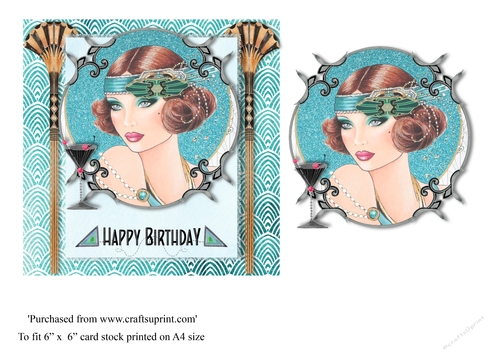 Art Deco female birthday card topper for 6x6 card