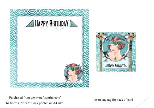 Art Deco female birthday card insert and tag for topper for 6x6 card