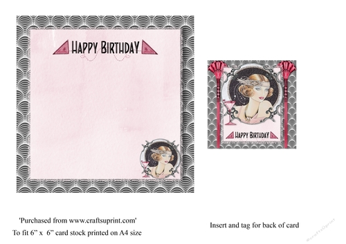 Art Deco female birthday card insert and tag for topper for 6x6 card