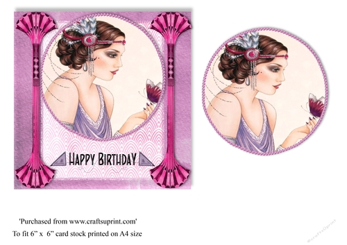 Art Deco female birthday card topper for 6x6 card