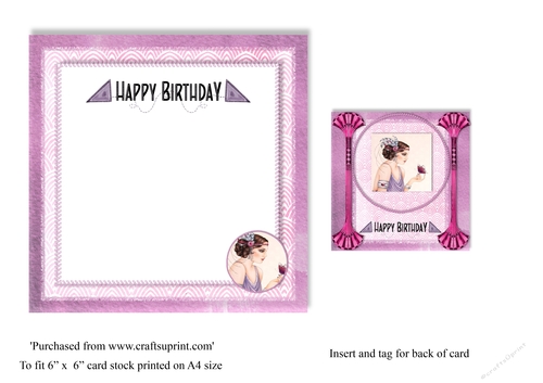 Art Deco female birthday card insert and tag for topper for 6x6 card