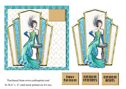 Art Deco female birthday card topper for 6x6 card