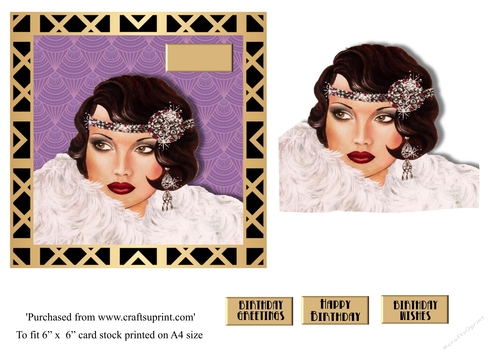 Art Deco female birthday card topper for 6x6 card