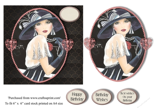 Art Deco female birthday card topper for 6x6 card