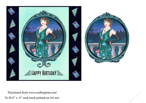 Art Deco female birthday card topper for 6x6 card