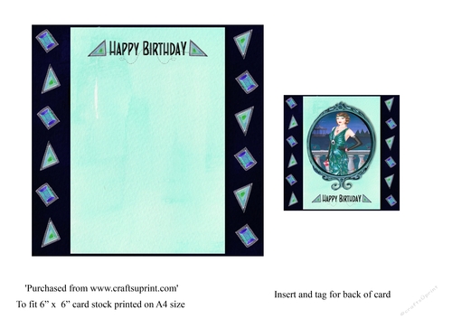Art Deco female birthday card insert and tag for topper for 6x6 card