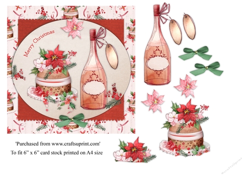 Vintage Christmas card with wine and pudding topper for 6x6 card