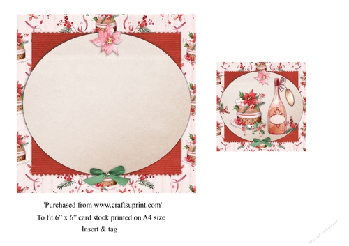 Vintage Christmas card with wine and pudding insert and tag for topper for 6x6 card