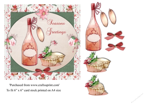 Vintage Christmas card with wine and mincemeat pies topper for 6x6 card