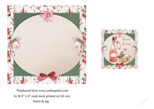 Vintage Christmas card with wine and mincemeat pies insert & tag for topper for 6x6 card