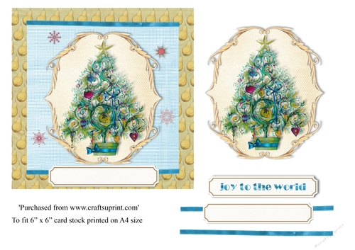 Vintage Christmas card Christmas tree Joy to the world topper for 6x6 card