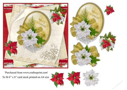 Vintage Christmas card with Poinsettas and lace topper for 6x6 card