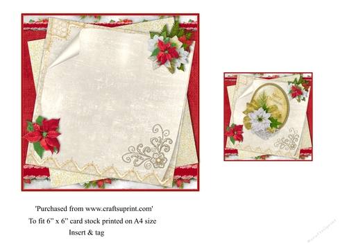 Vintage Christmas card with Poinsettas and lace insert and tag for topper for 6x6 card