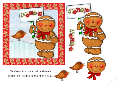 Childrens Gingerbread man Christmas card topper for 6x6 card in red