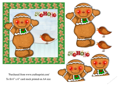 Childrens Gingerbread man Christmas card topper for 6x6 card in green