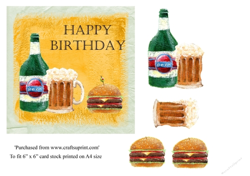 Male birthday card topper with beer and burger for 6x6 card