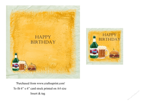 Male birthday card insert & tag for topper with beer and burger for 6x6 card