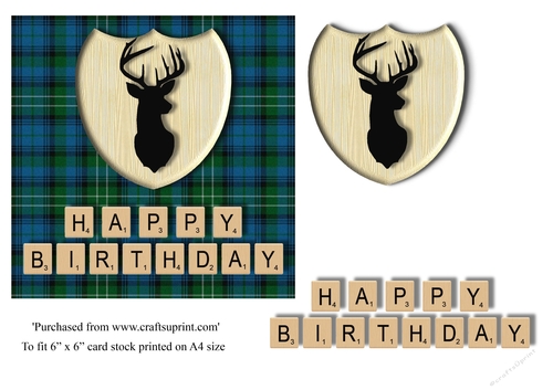 Male Birthday card in blue and green tartan, stag emblem and scrabble letters topper for 6x6 card