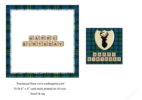 Male Birthday card in blue and green tartan, stag emblem and scrabble letters insert & tag for topper for 6x6 card