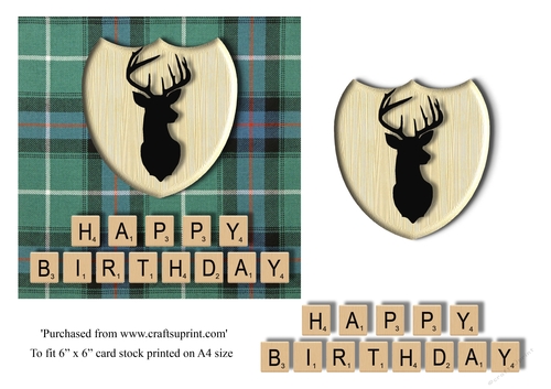 Male Birthday card in McDonald hunting tartan, stag emblem and scrabble letters topper for 6x6 card