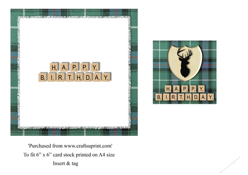 Male Birthday card in McDonald hunting tartan, stag emblem and scrabble letters insert & tag for topper for 6x6 card