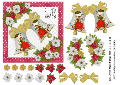 Vintage Christmas card Silver Bells in red topper for 6x6 card