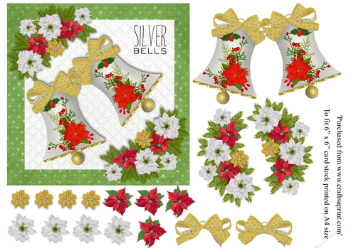 Vintage Christmas card Silver Bells in green for topper for 6x6 card
