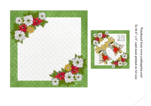 Vintage Christmas card Silver Bells in green insert & tag for topper for 6x6 card