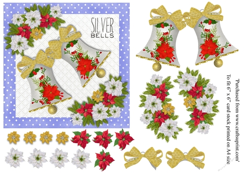 Vintage Christmas card Silver Bells in blue for topper for 6x6 card