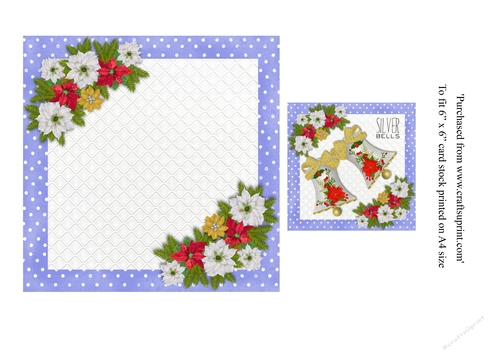 Vintage Christmas card Silver Bells in blue insert & tag for topper for 6x6 card