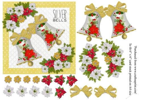 Vintage Christmas card Silver Bells in gold for topper for 6x6 card