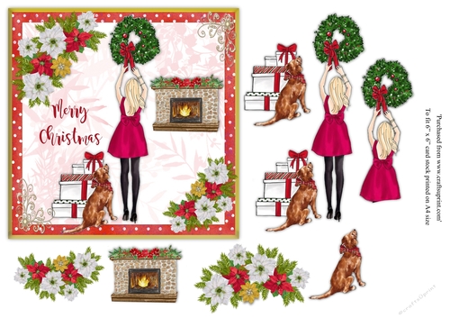 Female Christmas card with blonde haired girl hanging up wreath with dog & parcels topper for 6x6 card